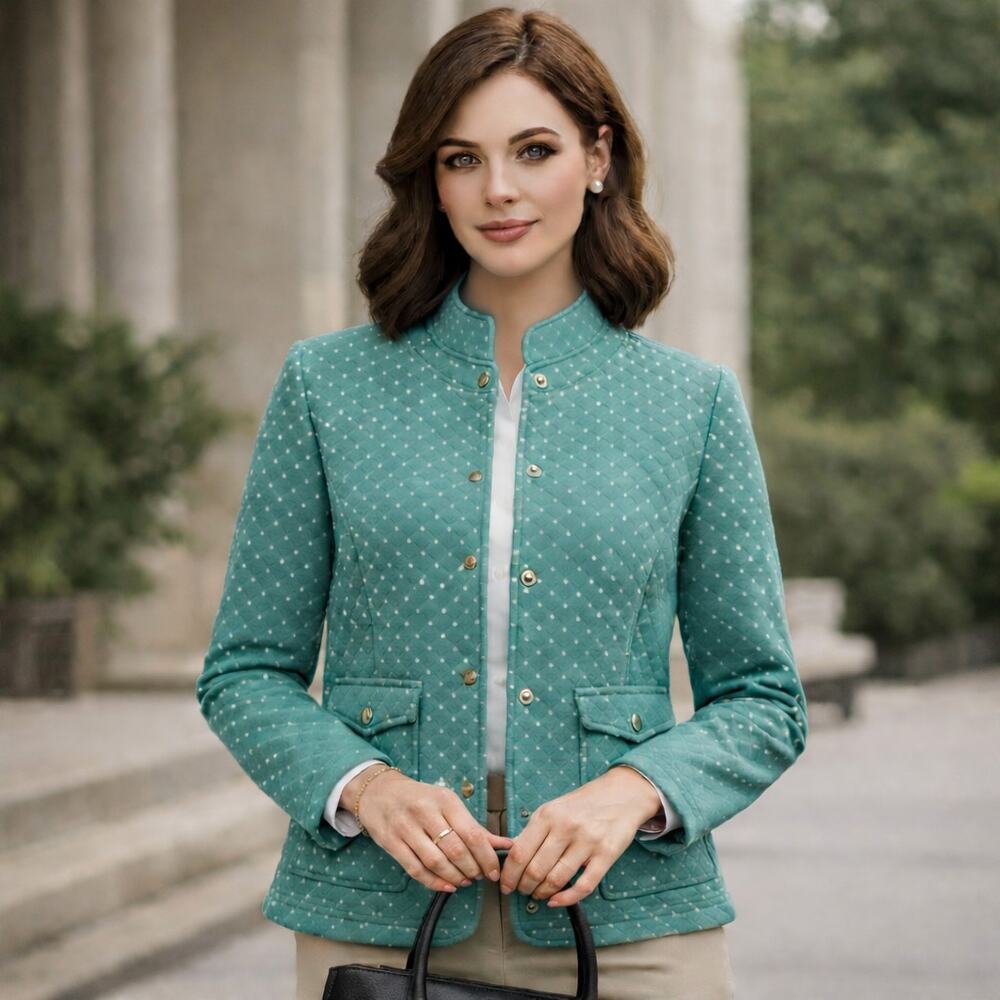 Isaac Mizrahi Live Quilted Womens Jacket Medium Cottage Preppy Teal Granny Dots
